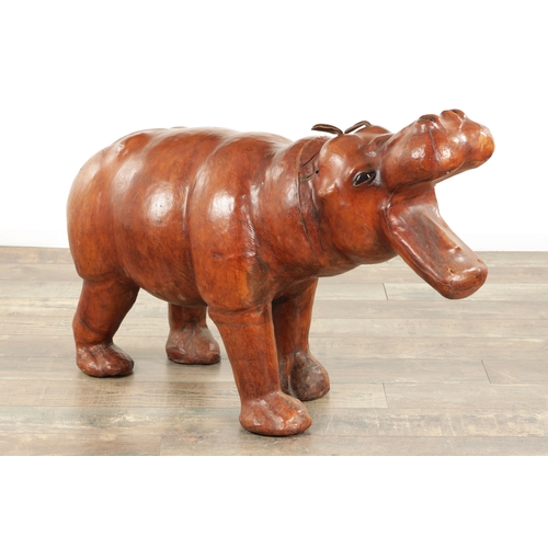 877 - A LARGE VINTAGE LEATHER BOUND SCULPTURE OF A HIPPOPOTAMUS in the manner of Liberty having glass eyes... 