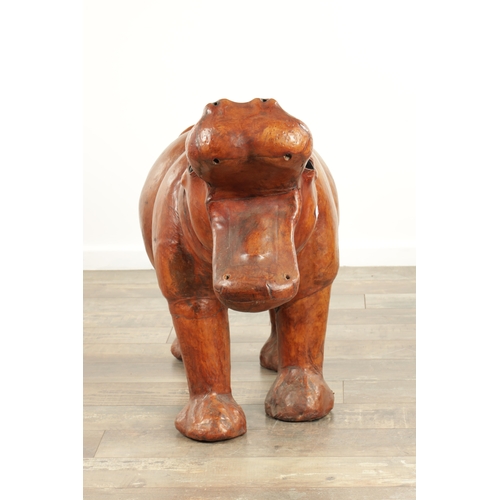 877 - A LARGE VINTAGE LEATHER BOUND SCULPTURE OF A HIPPOPOTAMUS in the manner of Liberty having glass eyes... 