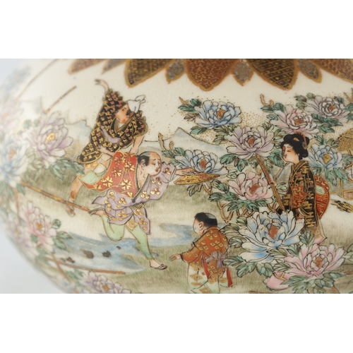 117 - A JAPANESE MEIJI PERIOD SATSUMA KORO OF BULBOUS FORM decorated with continuous figural landscape, ha... 
