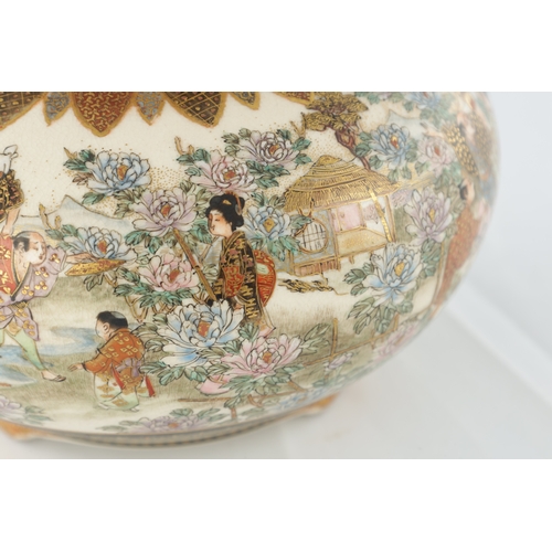 117 - A JAPANESE MEIJI PERIOD SATSUMA KORO OF BULBOUS FORM decorated with continuous figural landscape, ha... 