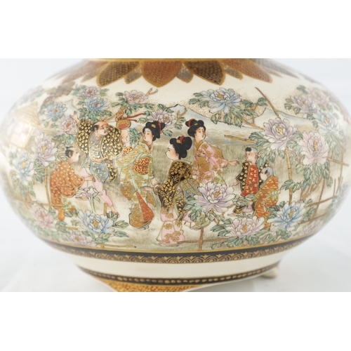 117 - A JAPANESE MEIJI PERIOD SATSUMA KORO OF BULBOUS FORM decorated with continuous figural landscape, ha... 