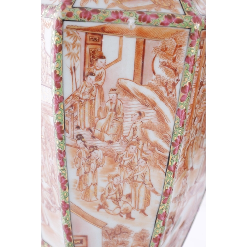 86 - A PAIR OF 18TH CENTURY CANTONESE CHINESE VASES of hexagonal form with shaped side handles, decorated... 