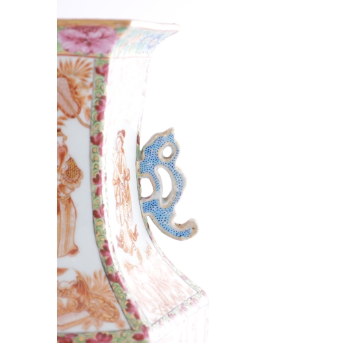 86 - A PAIR OF 18TH CENTURY CANTONESE CHINESE VASES of hexagonal form with shaped side handles, decorated... 