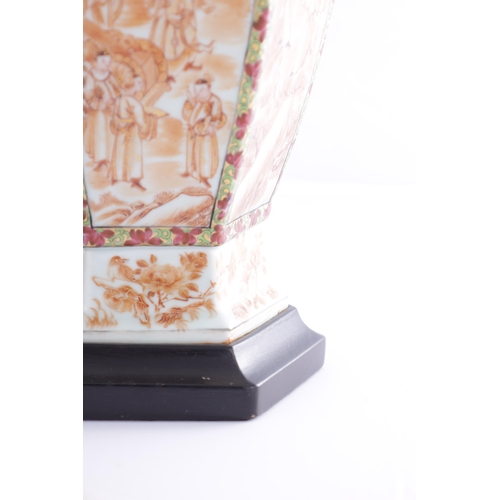 86 - A PAIR OF 18TH CENTURY CANTONESE CHINESE VASES of hexagonal form with shaped side handles, decorated... 