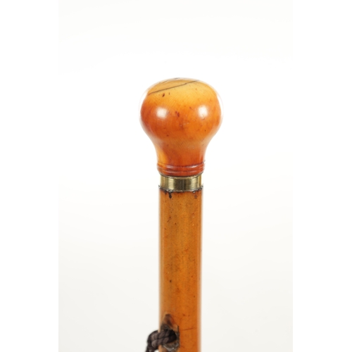 854 - A 19TH CENTURY IVORY HANDLED SWORD CANE, the spherical ivory pommel with malacca grip handle on a tr... 