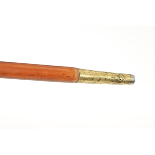 854 - A 19TH CENTURY IVORY HANDLED SWORD CANE, the spherical ivory pommel with malacca grip handle on a tr... 