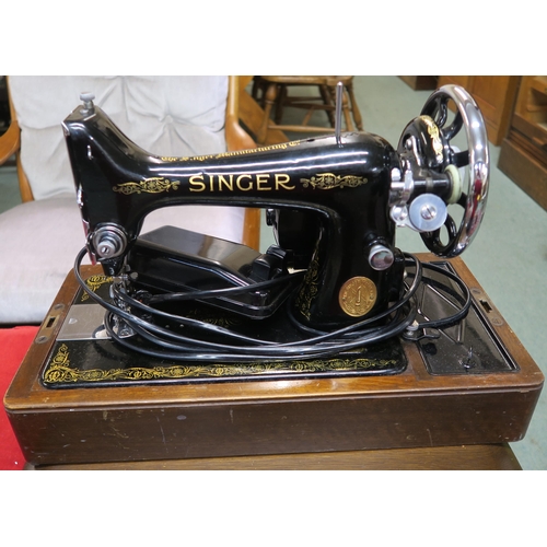 83 - A mid 20th century elm telephone table and mahogany cased singer sewing machine (2)