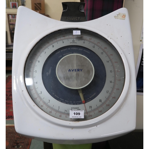 85 - A mid 20th century Avery coin operated scales 130cm high x 38cm wide x 62cm deep