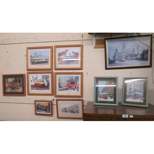 87 - A lot of thirteen assorted framed prints of buses and trams (13)