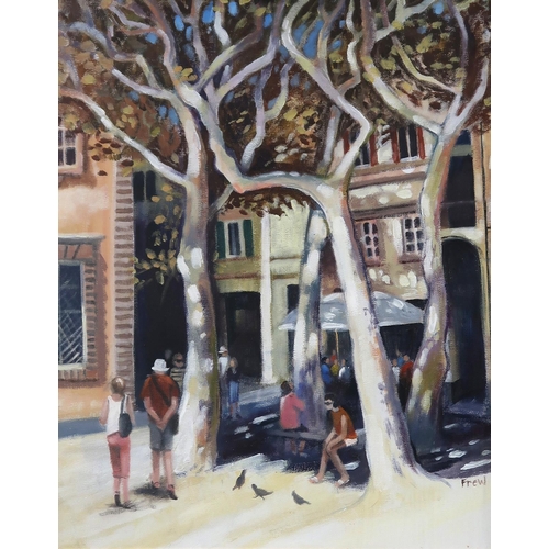 1004 - DOREEN DAVIS (FREW) (SCOTTISH) PIAZZA NAPOLEONE, LUCCA Acrylic on canvas, signed lower right, title... 