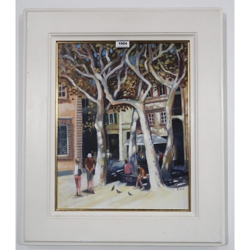 1004 - DOREEN DAVIS (FREW) (SCOTTISH) PIAZZA NAPOLEONE, LUCCA Acrylic on canvas, signed lower right, title... 