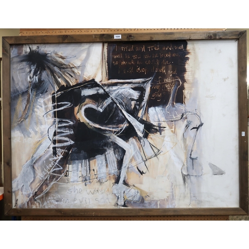 1020 - SCOTTISH CONTEMPORARY FIGURATIVE ABSTRACT WITH TEXT, SHE WAS AN EVIL SOD Mixed media on board, 127 x... 