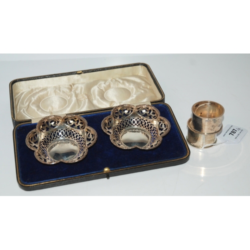 787 - A lot comprising a cased pair of silver bonbon dishes, Birmingham 1915, 9.3cm diameter and a pair of... 