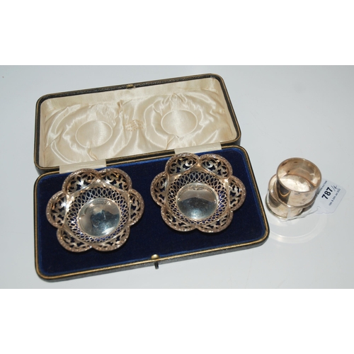 787 - A lot comprising a cased pair of silver bonbon dishes, Birmingham 1915, 9.3cm diameter and a pair of... 