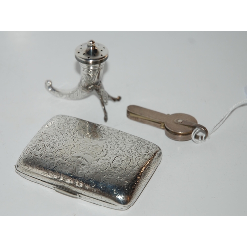 801 - A lot comprising a Norwegian silver cornucopia pepperette, a silver cigarette case & a silver key ho... 