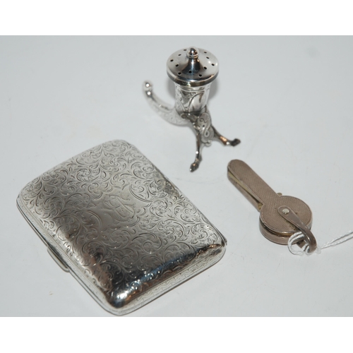 801 - A lot comprising a Norwegian silver cornucopia pepperette, a silver cigarette case & a silver key ho... 