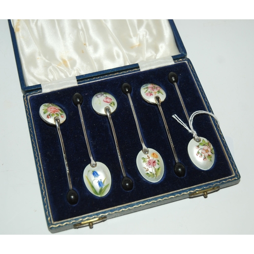 802 - A cased set of six silver & floral enamel coffee bean spoons Birmingham 1960