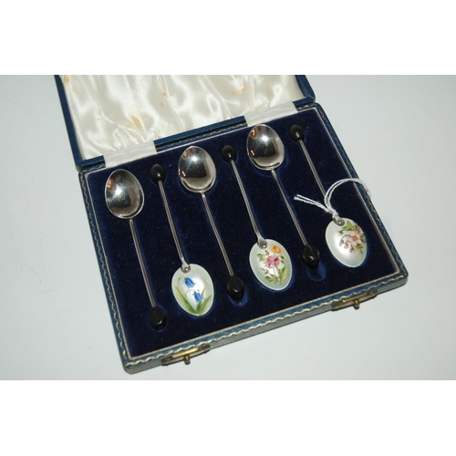 802 - A cased set of six silver & floral enamel coffee bean spoons Birmingham 1960