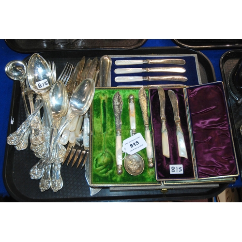 815 - A tray lot of EP cutlery - loose and two cased sets of mother of pearl handled cutlery & a part set