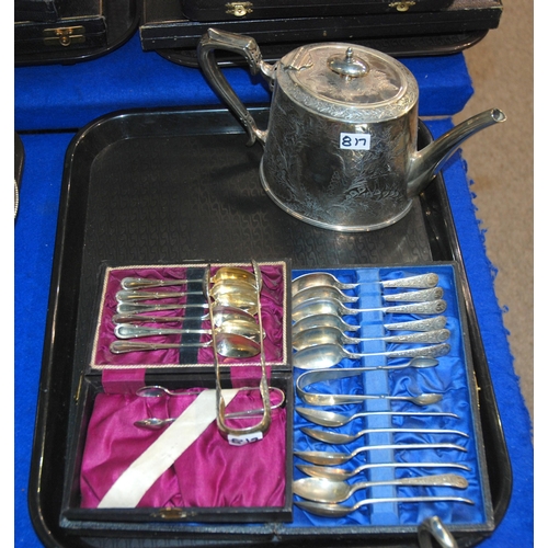 817 - A tray lot of EP - three piece tea service, teapot, cased spoon sets & a pair of silver sugar tongs