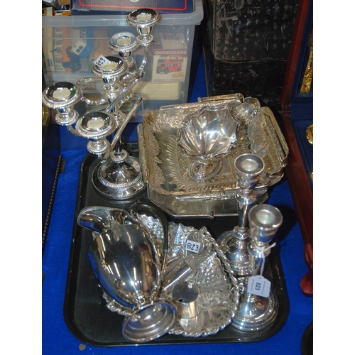 823 - A tray lot of EP - candelabrum, wine ewer, baskets, pair of candlesticks etc.