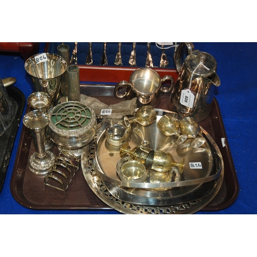 826 - A tray lot of EP & metal ware - candlesticks, goblet, mesh purse, cake tray etc.