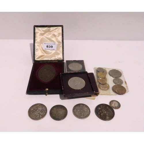 839 - A lot comprising a cased bronze Scottish Sabbath School medallion, four various Victorian silver coi... 