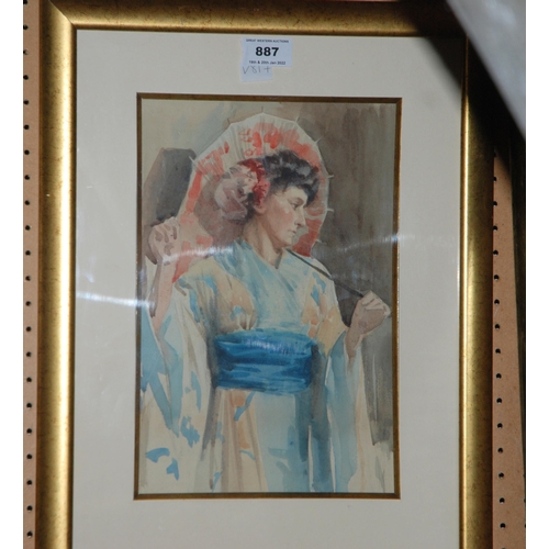 887 - BRITISH SCHOOL Model holding a parasol, watercolour, 30 x 20cm