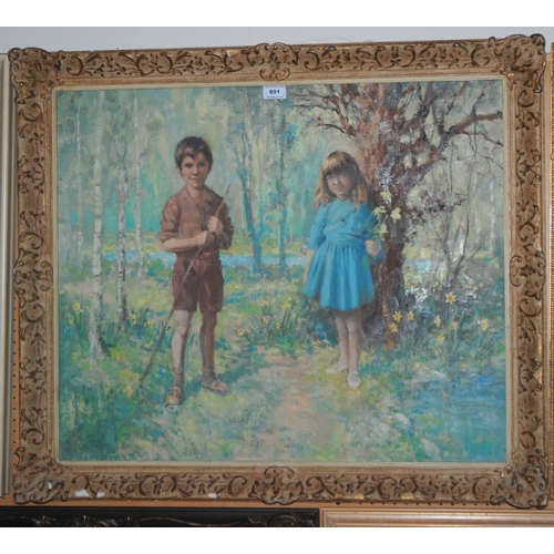 891 - DAVID STRATTON WATT Children in a wood, signed, oil on board, dated, 1971, 63 x 75cm