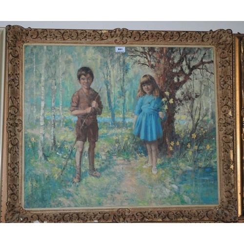 891 - DAVID STRATTON WATT Children in a wood, signed, oil on board, dated, 1971, 63 x 75cm