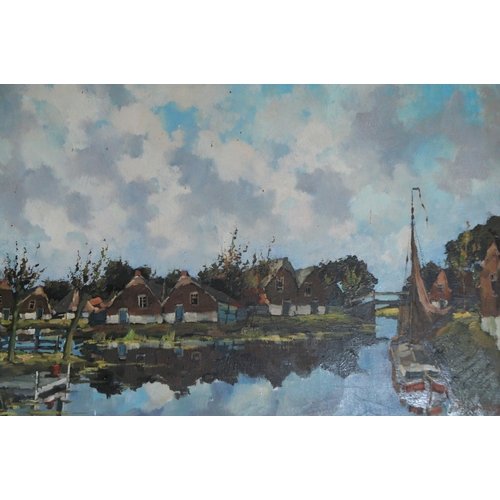 892 - CONTINENTAL SCHOOL Village canal, signed, oil on canvas, 60 x 90cm