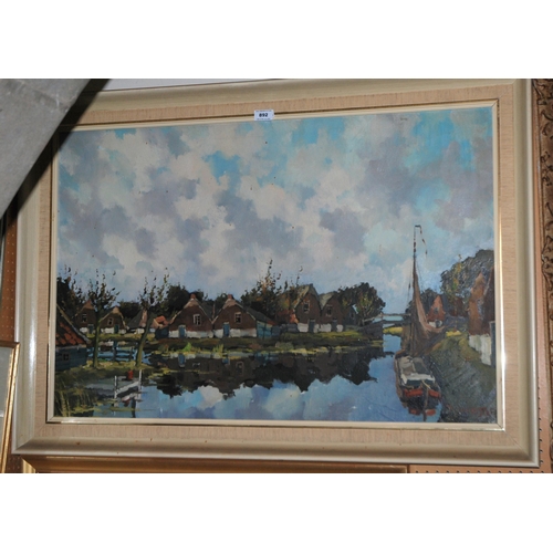 892 - CONTINENTAL SCHOOL Village canal, signed, oil on canvas, 60 x 90cm