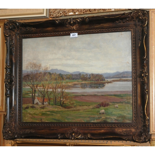 897 - DUNCAN MCGREGOR WHYTE Castle at a lochside, signed, oil on canvas, 45 x 59cm