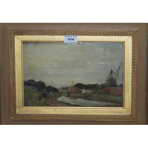 914 - WILLIAM TIMMINS Yacht passing through the Forth and Clyde canal, signed, oil on canvas board, 19 x 3... 