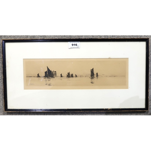 916 - WILLIAM LIONEL WYLLIE A.R.A Going up on the flood, signed, etching, 11 x 35cm, and MAURIS BAUER Alad... 