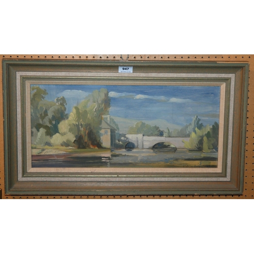 947 - SIR HARRY JEFFERSDON BARNES River bridge, signed, oil on board, dated, 1945, 24 x 53cm