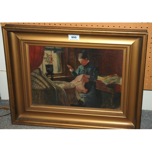 955 - BRITISH SCHOOL Lady sewing beside a cradle, oil on canvas, 26 x 36cm