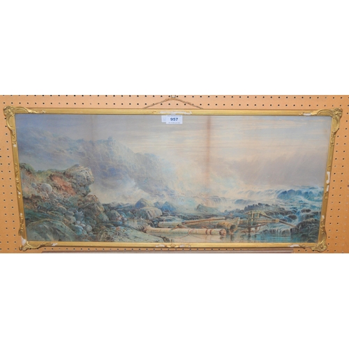 957 - R H MARTIN Shipwreck, signed, watercolour, dated, 1865, 33 x 75cm