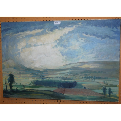 958 - SIR HARRY JEFFERSON BARNES Evening near Stirling, signed, oil on canvas, dated, 1956, 51 x 77cm