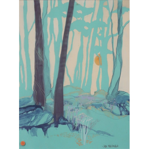 991 - JEAN MACDONALD (SCOTTISH) SHADOWS IN THE WOOD Mixed media, signed lower right, title inscribed to l... 