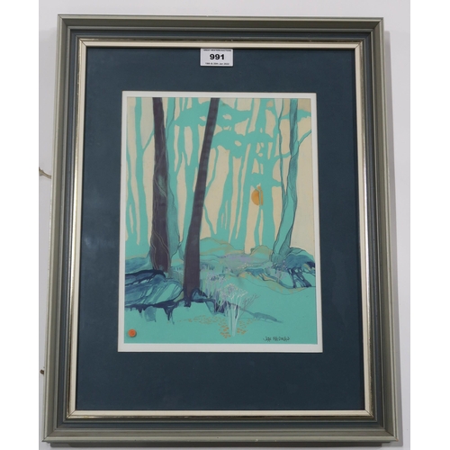 991 - JEAN MACDONALD (SCOTTISH) SHADOWS IN THE WOOD Mixed media, signed lower right, title inscribed to l... 