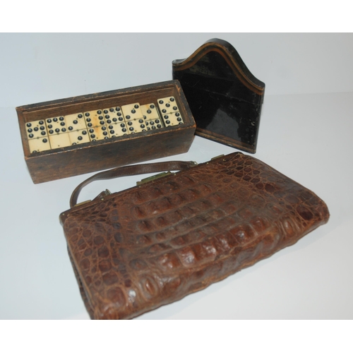 360 - A vintage domino set, japanned document case and animal skin bag (3)