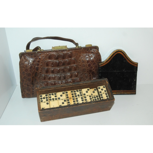 360 - A vintage domino set, japanned document case and animal skin bag (3)