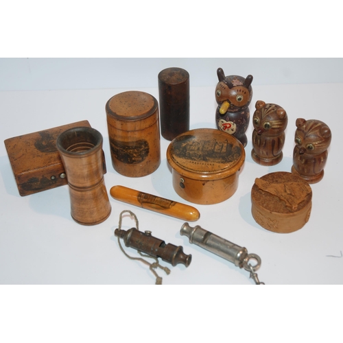 382 - Four various Mauchline ware boxes, Acme Boy Scout whistle, another whistle etc