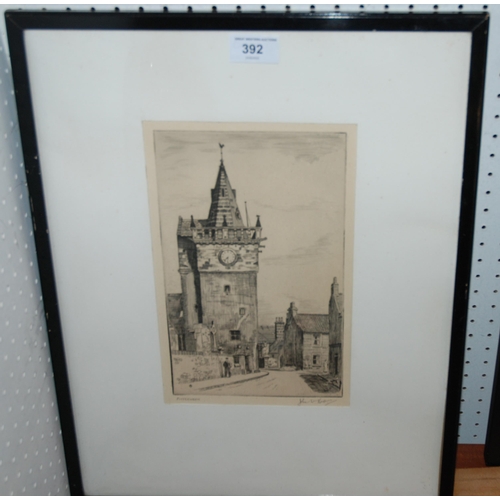 392 - John W. Kerr, Pittenween, singed etching, 28 x 17cm framed and glazed