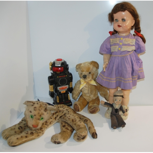 403 - A Steiff leopard, Norah Welling style sailor doll, Teddy bear and Ideal Doll and modern robot (5)