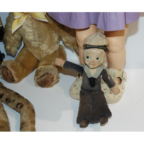 403 - A Steiff leopard, Norah Welling style sailor doll, Teddy bear and Ideal Doll and modern robot (5)