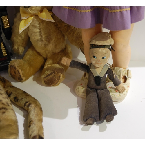 403 - A Steiff leopard, Norah Welling style sailor doll, Teddy bear and Ideal Doll and modern robot (5)