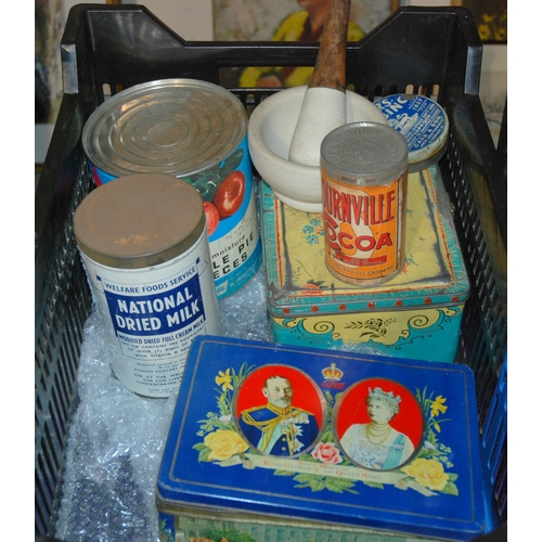 407 - A box of various including advertising tins, pestle and mortar etc