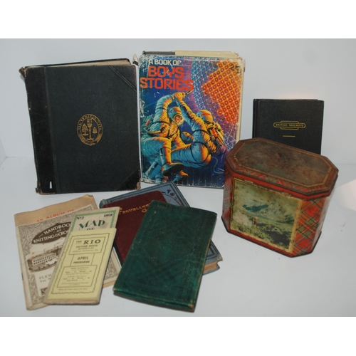 412 - A box of various books, advertising tin etc